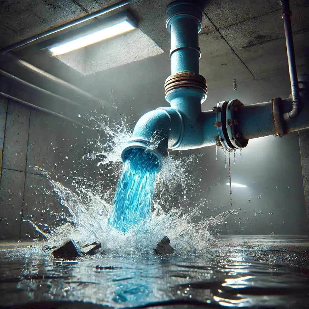 a burst blue pipe leaking water in a basement a burst blue pipe leaking water in a basement